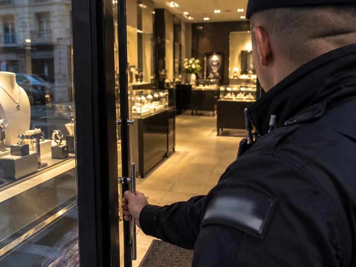 Agent de sécurité à l’entrée d’une bijouterie