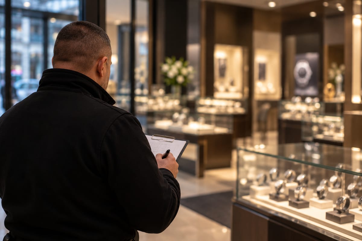 Consultant DBA Sécurité en cours d’audit dans une boutique horlogère